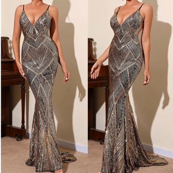 Luxe mermaid hem backless party formal wedding sequin gown dress - Picture 7 of 14